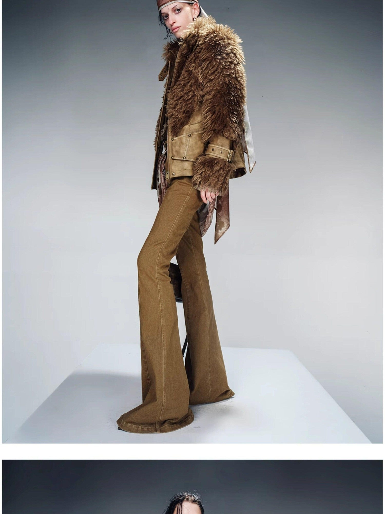 NORTH NODE Cropped Faux Leather Patch Fuzzy Crystal Velvet Lined Women&