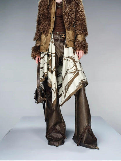 NORTH NODE Cropped Faux Leather Patch Fuzzy Crystal Velvet Lined Women&