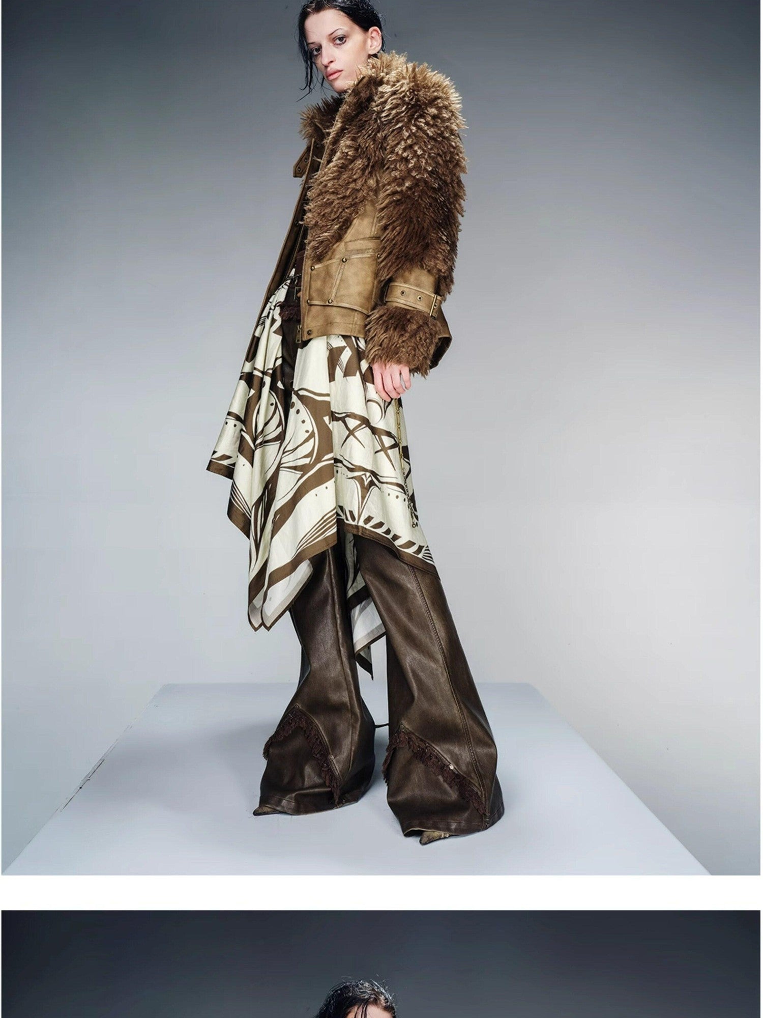 NORTH NODE Cropped Faux Leather Patch Fuzzy Crystal Velvet Lined Women&