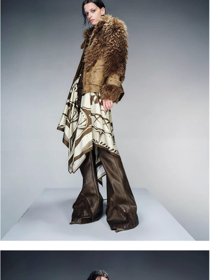 NORTH NODE Cropped Faux Leather Patch Fuzzy Crystal Velvet Lined Women&