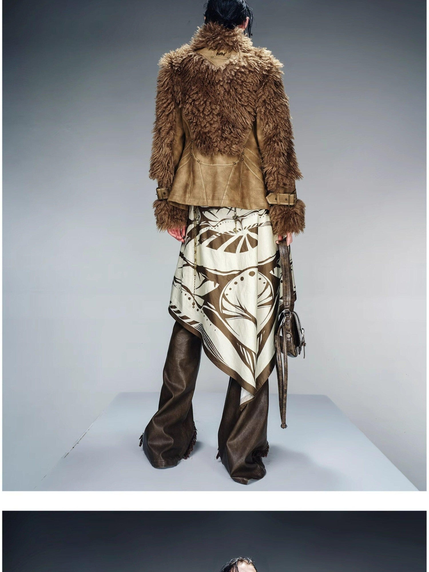 NORTH NODE Cropped Faux Leather Patch Fuzzy Crystal Velvet Lined Women&