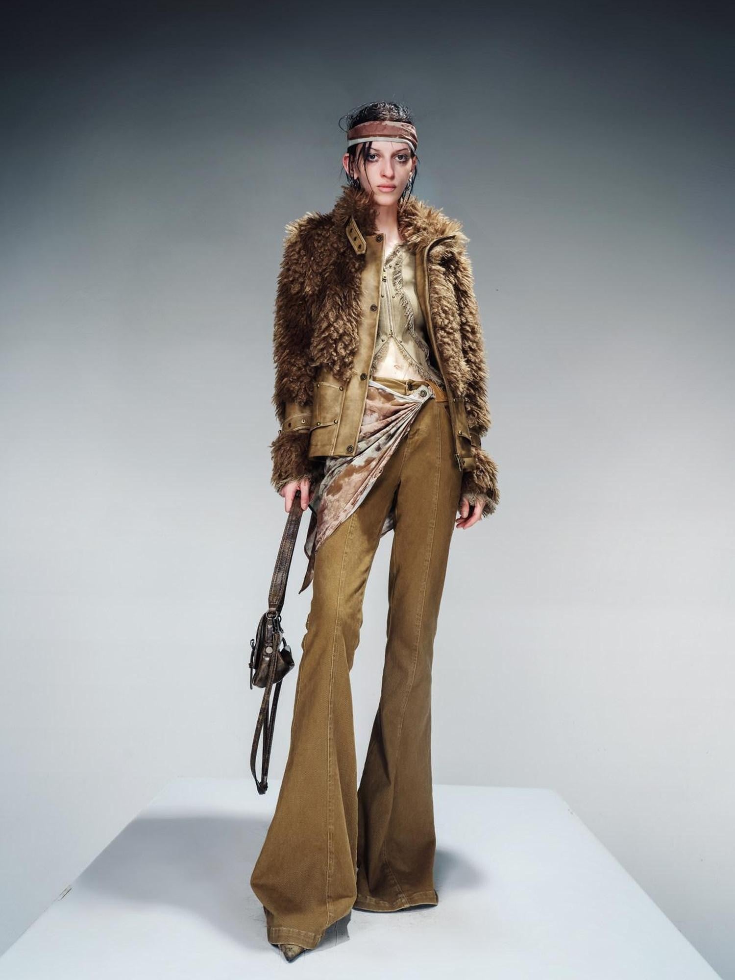 NORTH NODE Cropped Faux Leather Patch Fuzzy Crystal Velvet Lined Women&