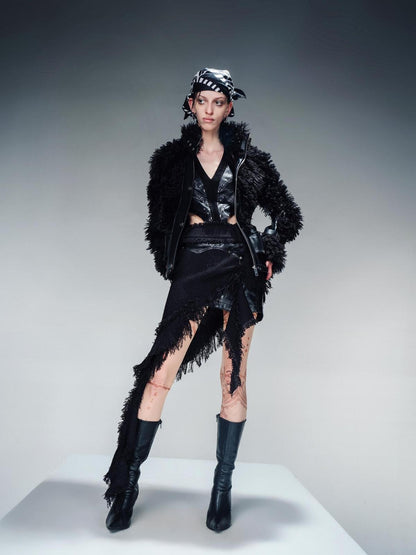 NORTH NODE Cropped Faux Leather Patch Fuzzy Crystal Velvet Lined Women&