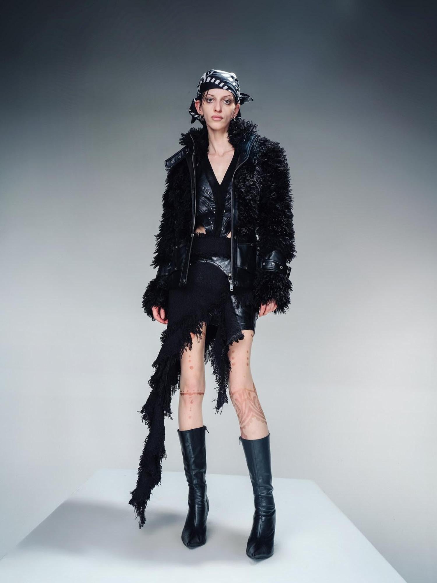 NORTH NODE Cropped Faux Leather Patch Fuzzy Crystal Velvet Lined Women&