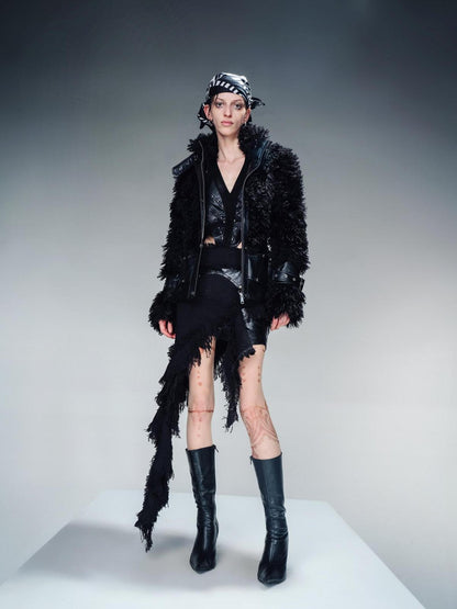 NORTH NODE Cropped Faux Leather Patch Fuzzy Crystal Velvet Lined Women&