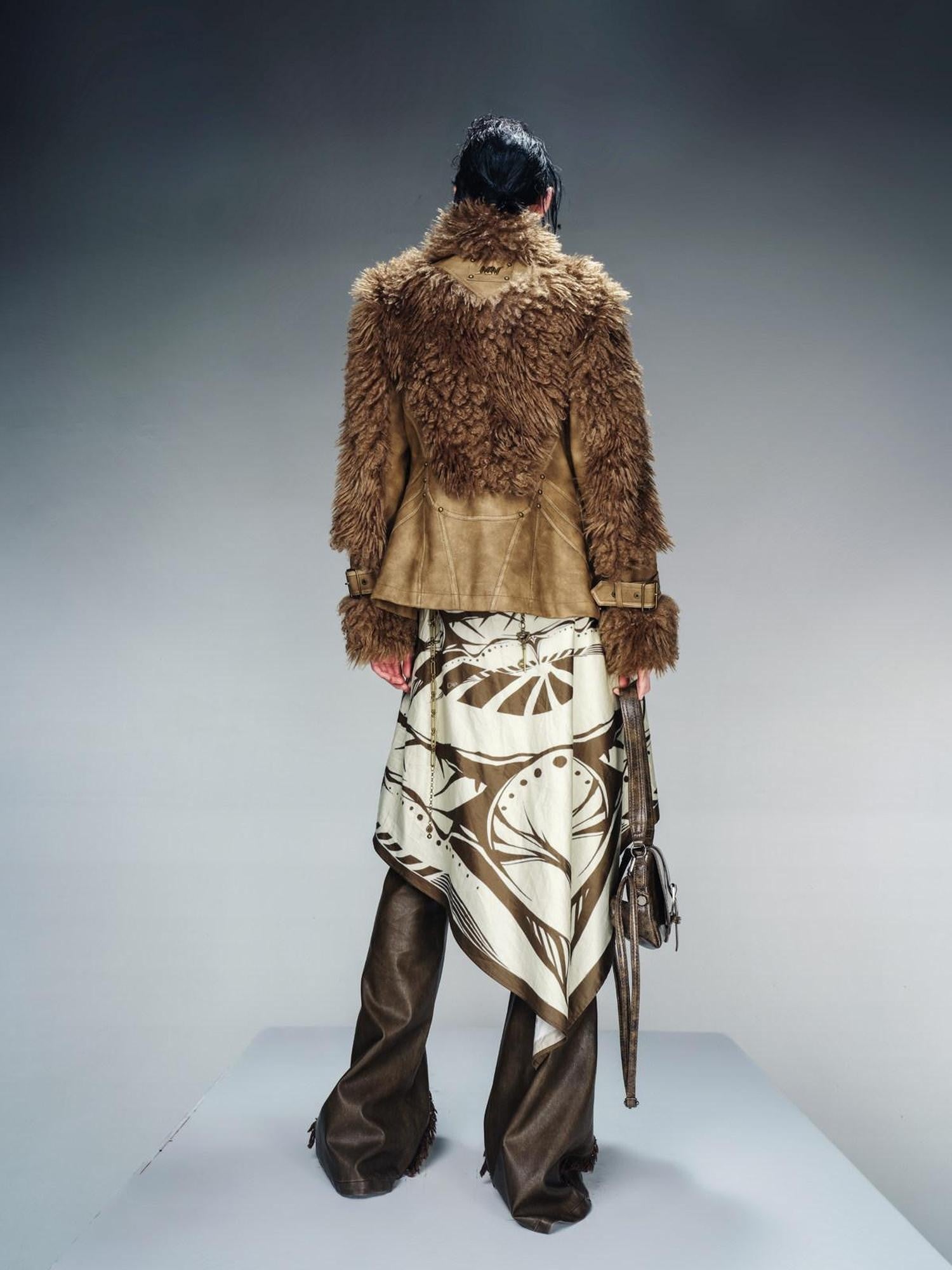 NORTH NODE Cropped Faux Leather Patch Fuzzy Crystal Velvet Lined Women&