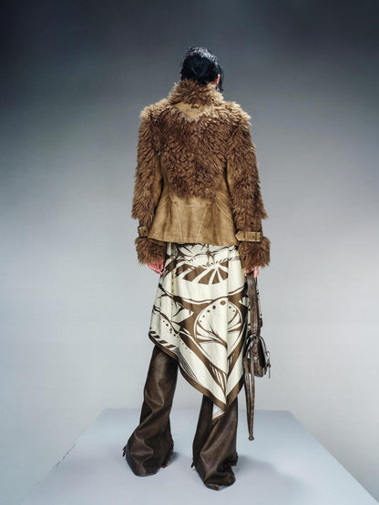 NORTH NODE Cropped Faux Leather Patch Fuzzy Crystal Velvet Lined Women&
