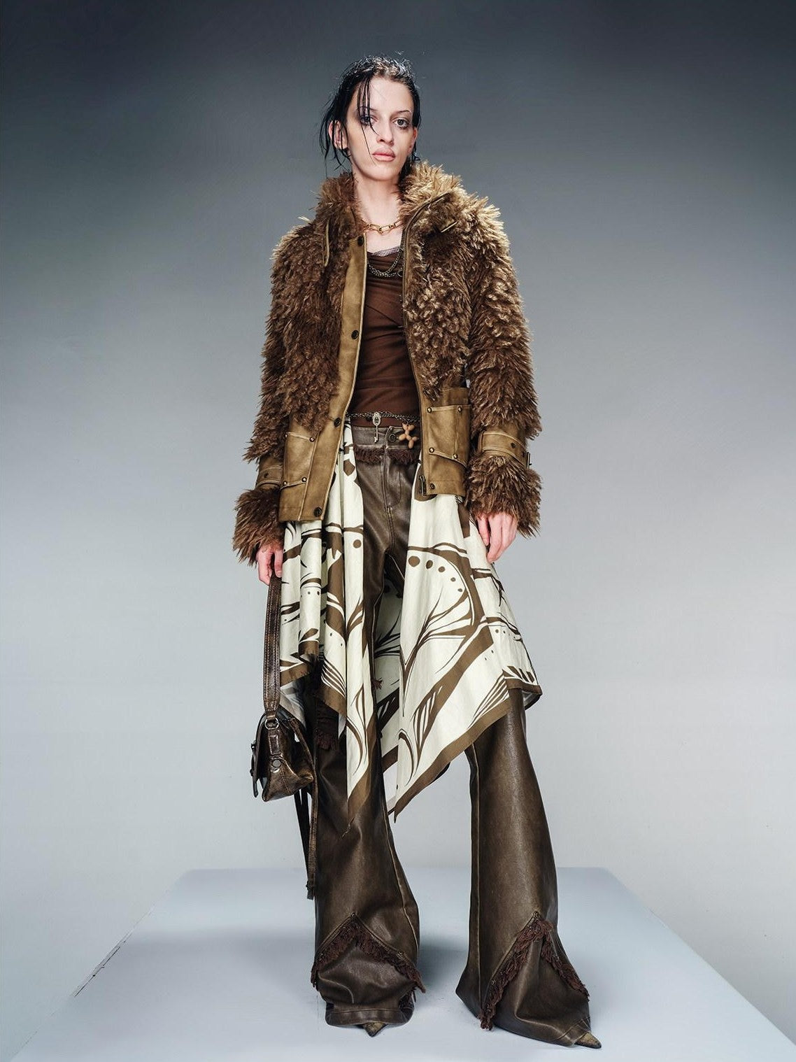 NORTH NODE Cropped Faux Leather Patch Fuzzy Crystal Velvet Lined Women&