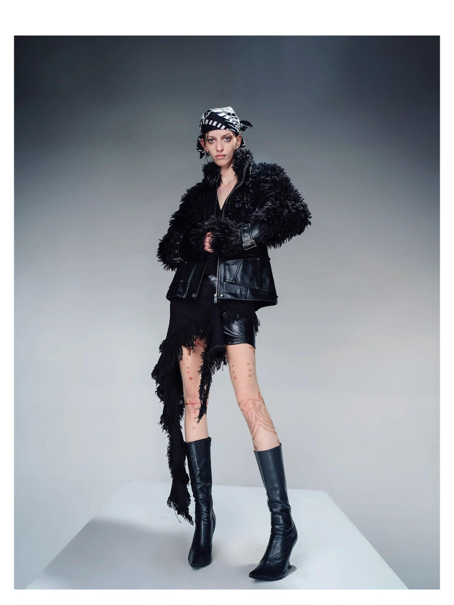 NORTH NODE Cropped Faux Leather Patch Fuzzy Crystal Velvet Lined Women&