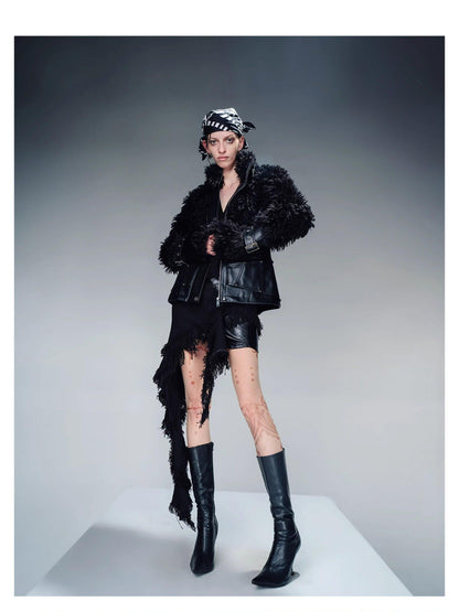 NORTH NODE Cropped Faux Leather Patch Fuzzy Crystal Velvet Lined Women&