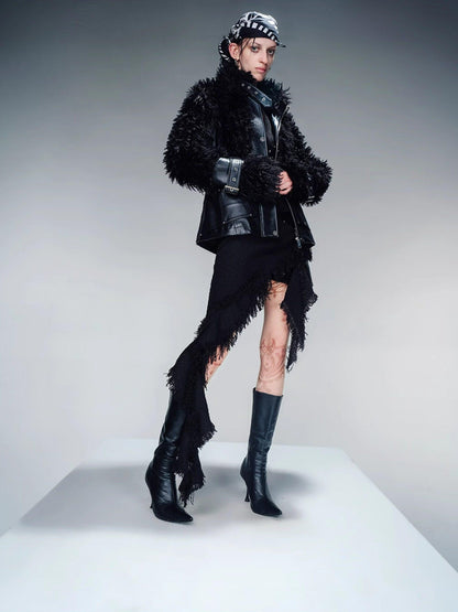 NORTH NODE Cropped Faux Leather Patch Fuzzy Crystal Velvet Lined Women&