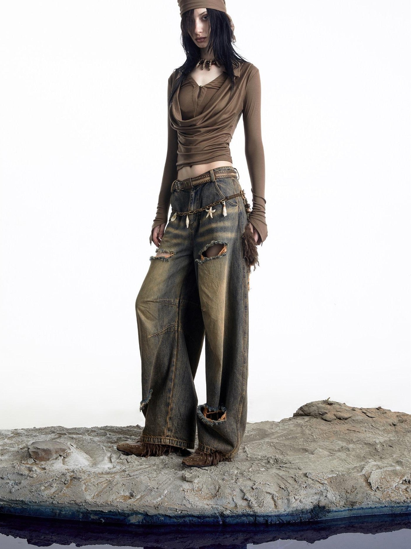 NORTH NODE Cropped Faux Two Piece Drape Neck Women&