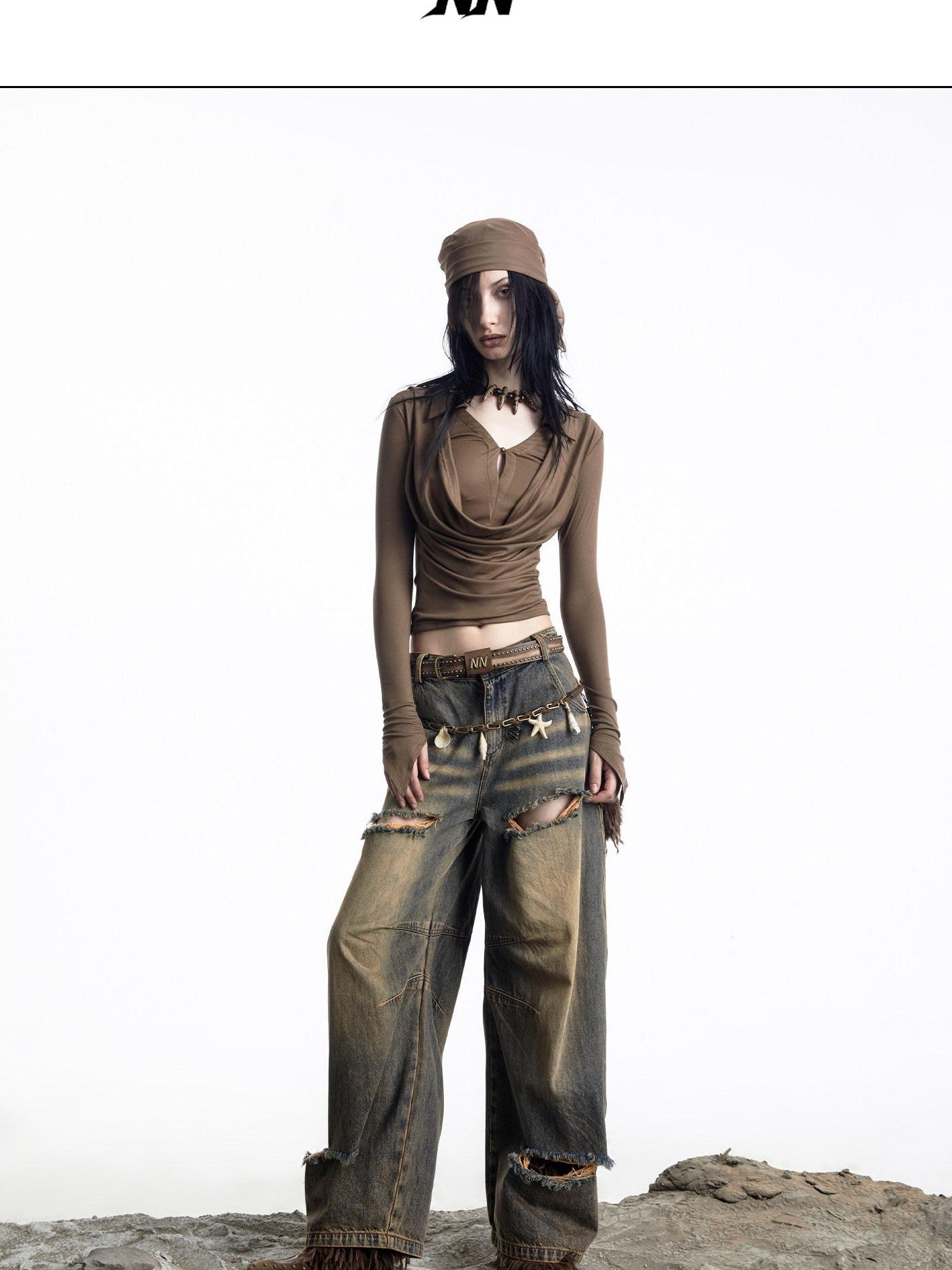 NORTH NODE Cropped Faux Two Piece Drape Neck Women&