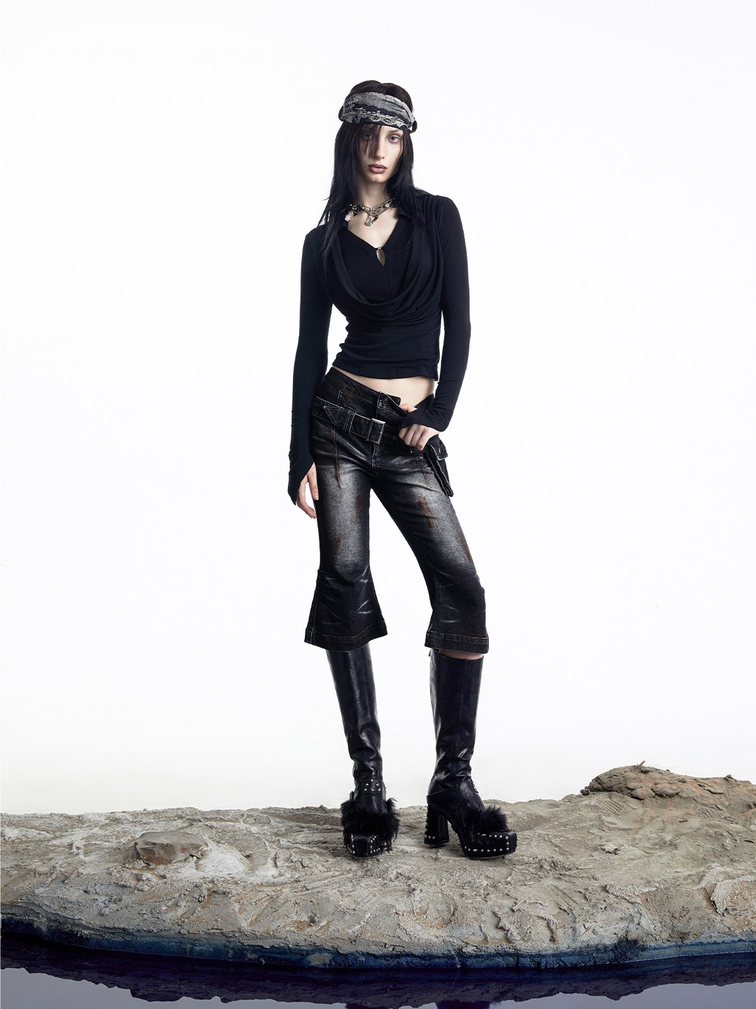 NORTH NODE Cropped Faux Two Piece Drape Neck Women&