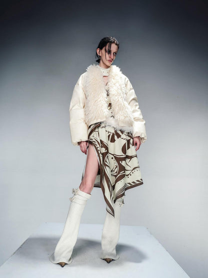 NORTH NODE Cropped Fur Collar Leather Panel Women&