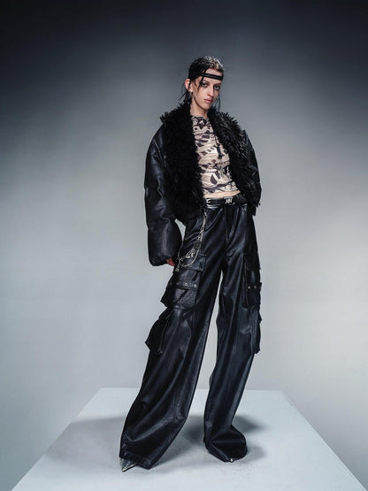 NORTH NODE Cropped Fur Collar Leather Panel Women&
