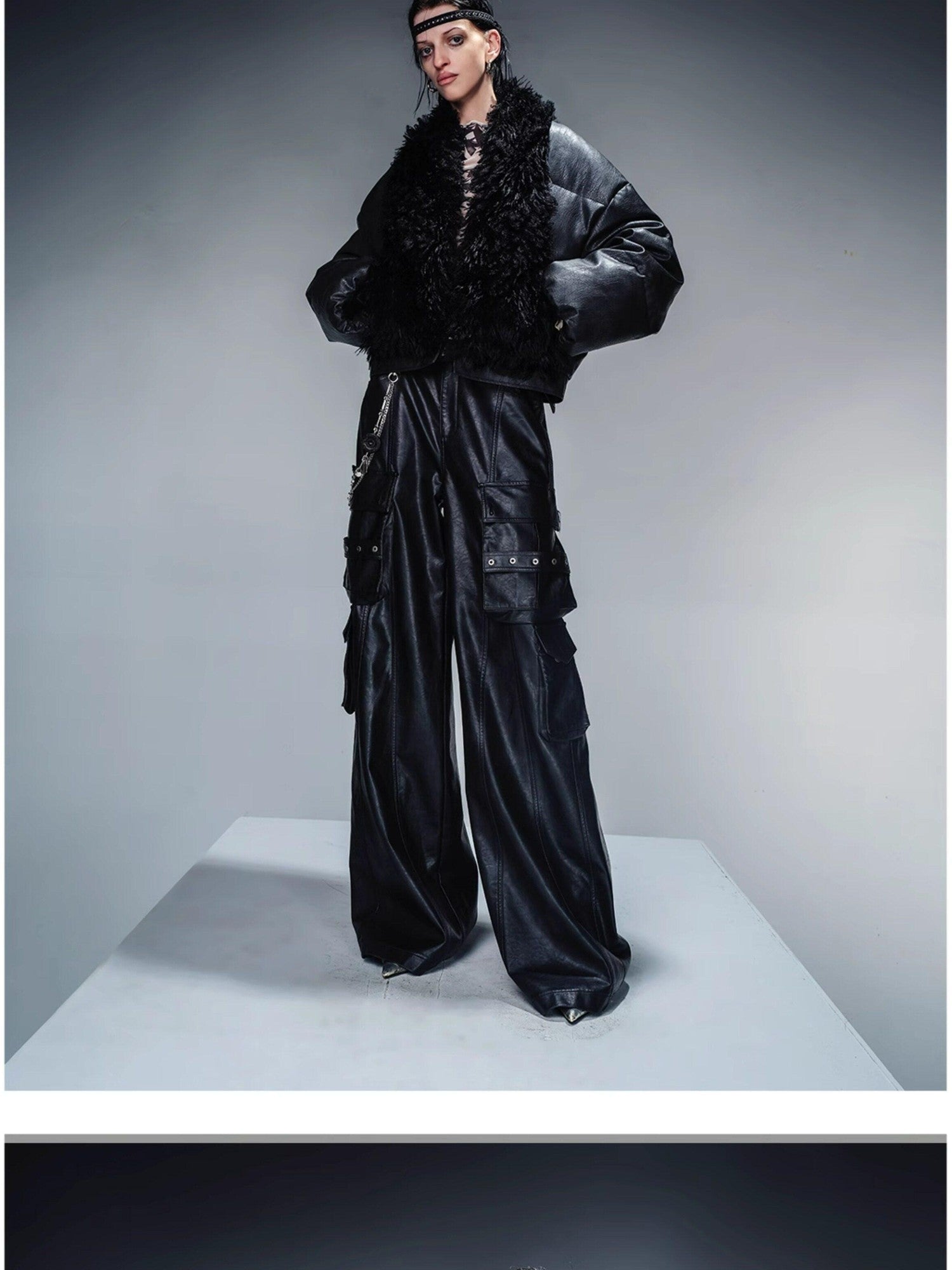 NORTH NODE Cropped Fur Collar Leather Panel Women&