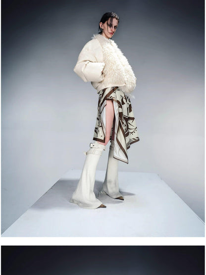 NORTH NODE Cropped Fur Collar Leather Panel Women&