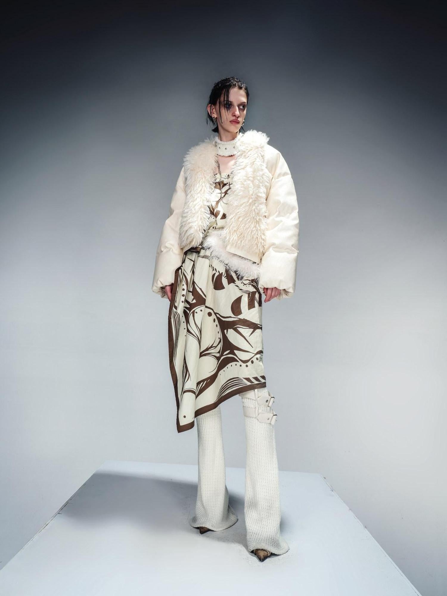 NORTH NODE Cropped Fur Collar Leather Panel Women&