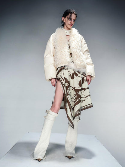 NORTH NODE Cropped Fur Collar Leather Panel Women&