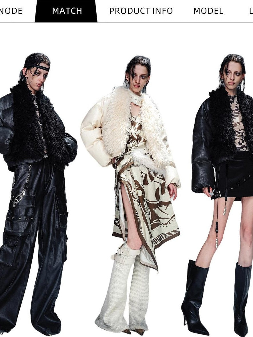 NORTH NODE Cropped Fur Collar Leather Panel Women&