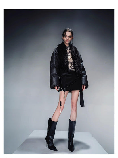 NORTH NODE Cropped Fur Collar Leather Panel Women&