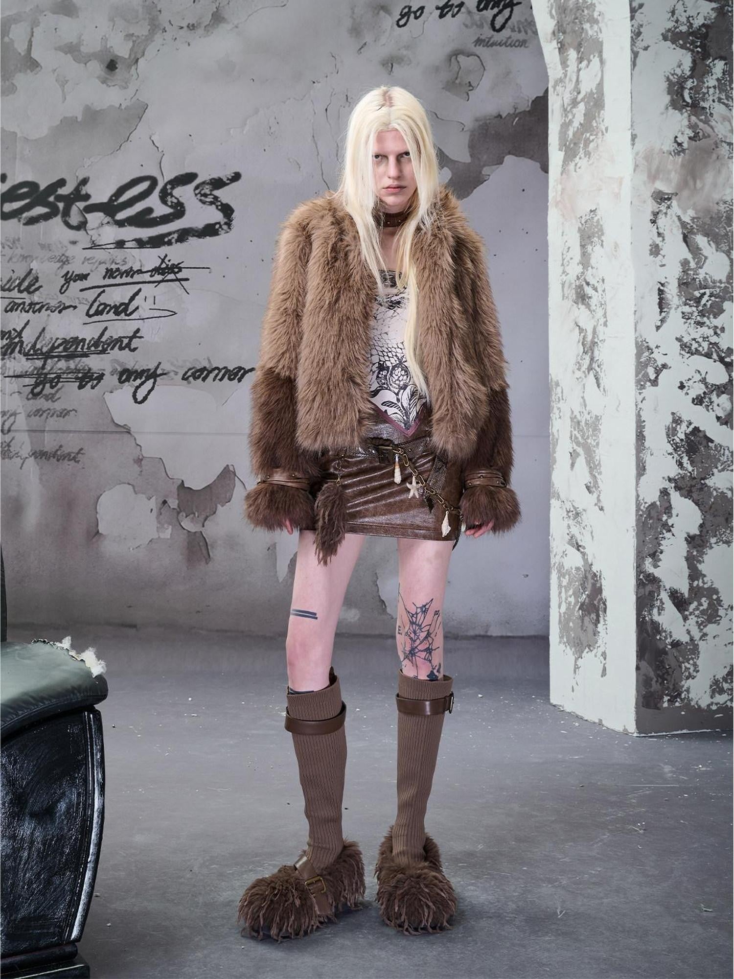 NORTH NODE Cropped Patchwork Colorblock Punk Turn Collar Women&
