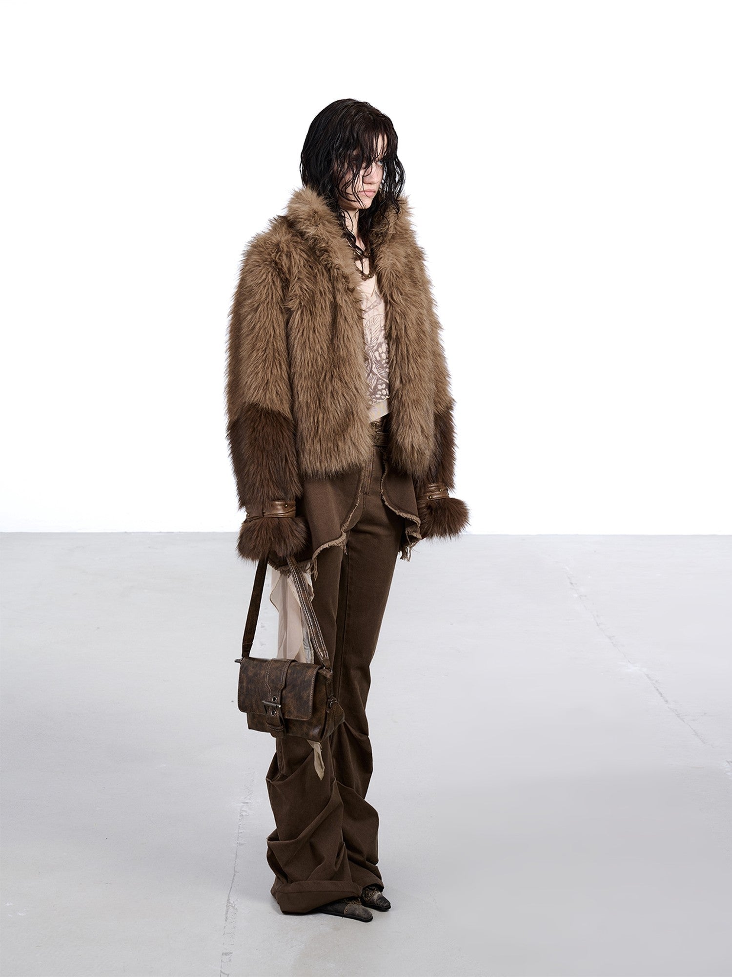 NORTH NODE Cropped Patchwork Colorblock Punk Turn Collar Women&