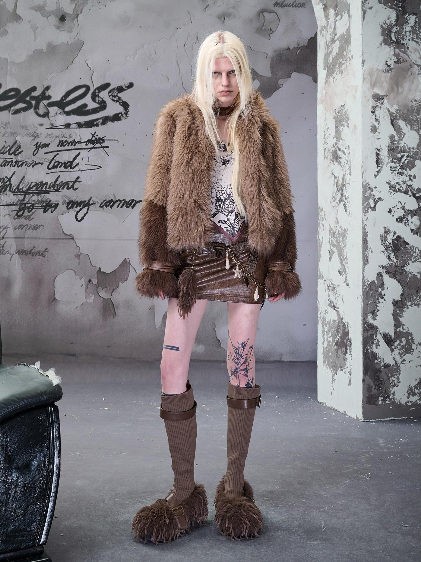 NORTH NODE Cropped Patchwork Colorblock Punk Turn Collar Women&