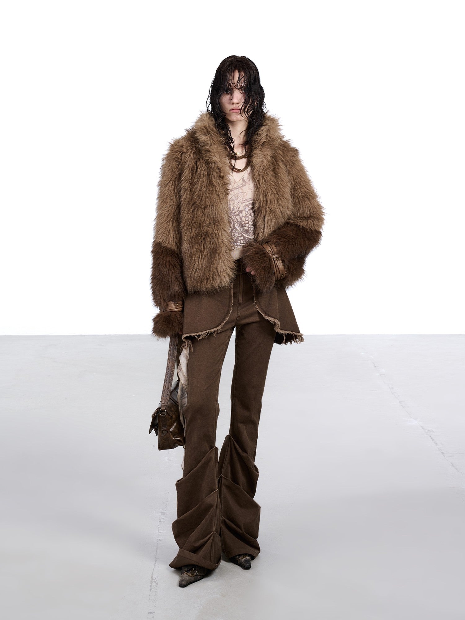 NORTH NODE Cropped Patchwork Colorblock Punk Turn Collar Women&