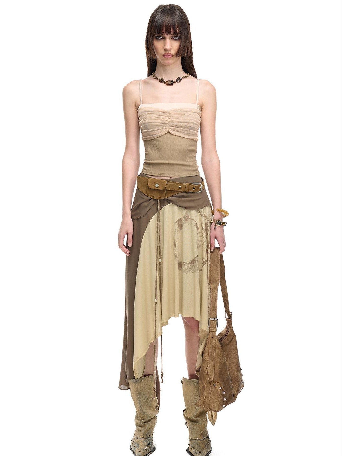 NORTH NODE Cropped Pleated Mesh Panel Knit Women&