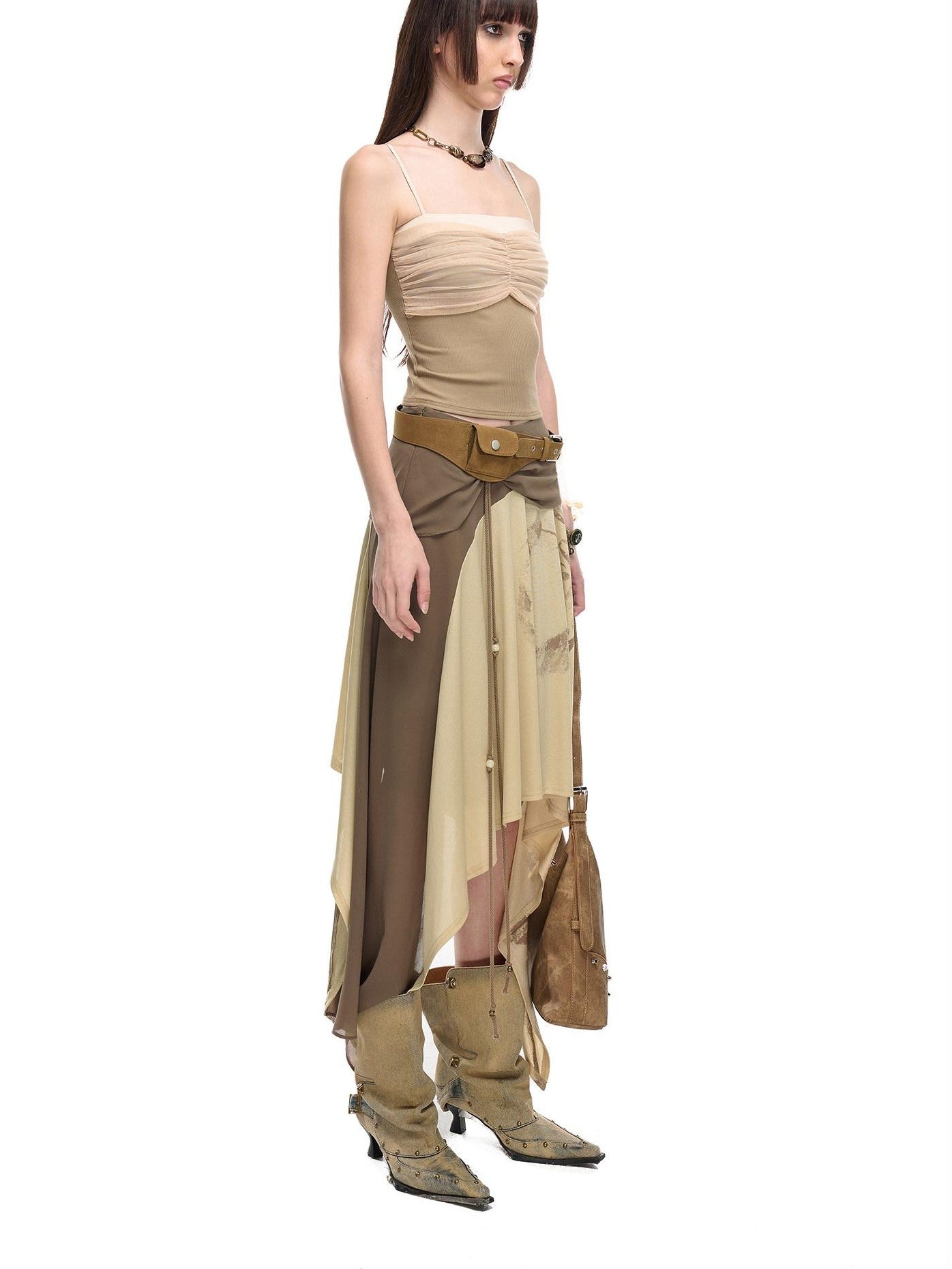 NORTH NODE Cropped Pleated Mesh Panel Knit Women&