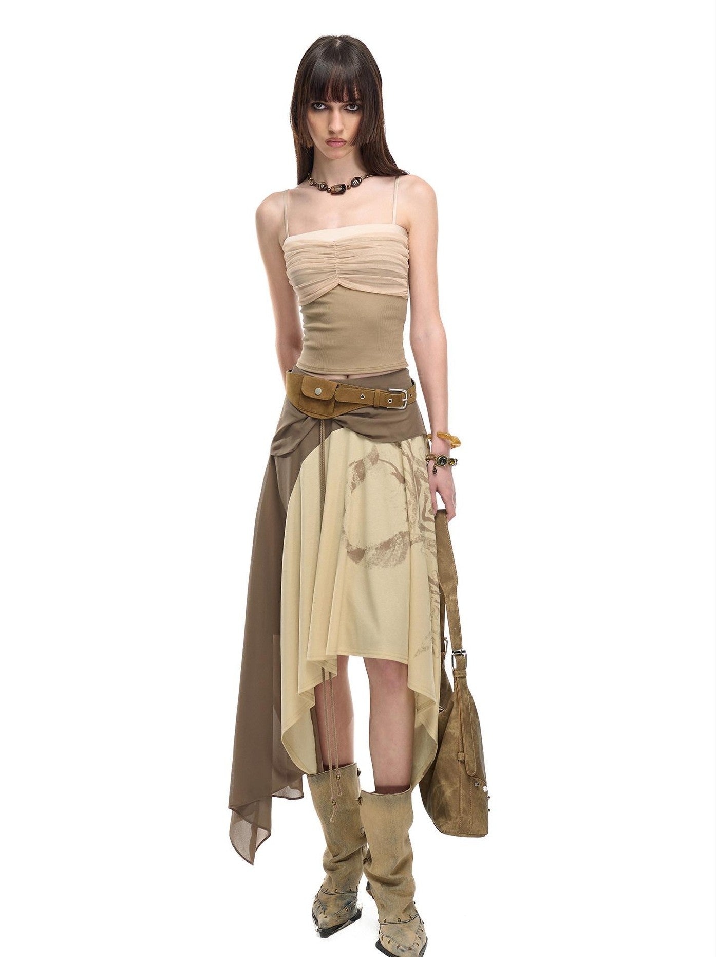 NORTH NODE Cropped Pleated Mesh Panel Knit Women&