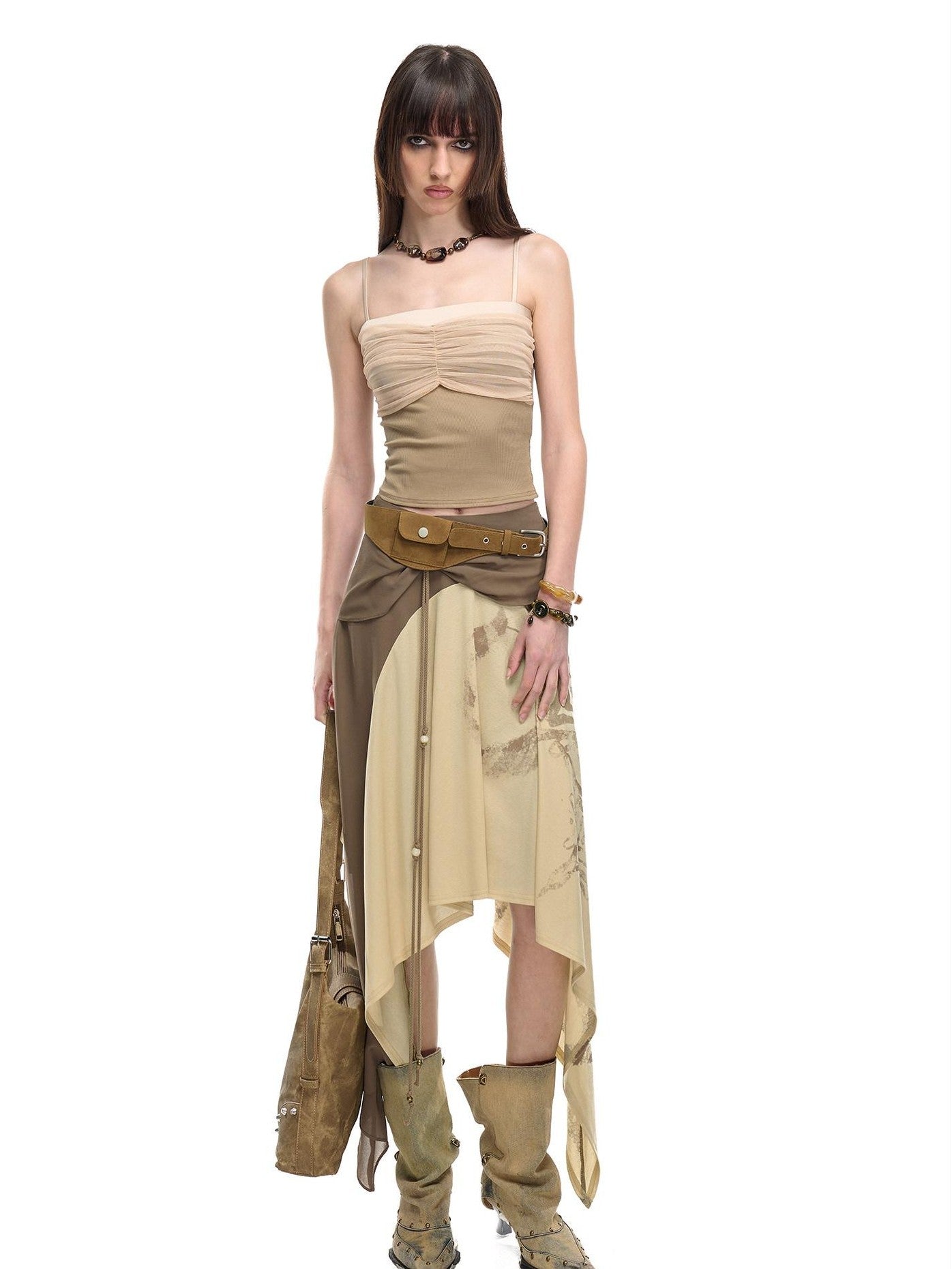 NORTH NODE Cropped Pleated Mesh Panel Knit Women&