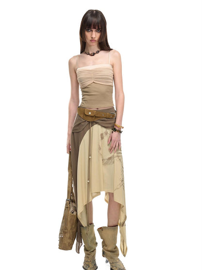 NORTH NODE Cropped Pleated Mesh Panel Knit Women&