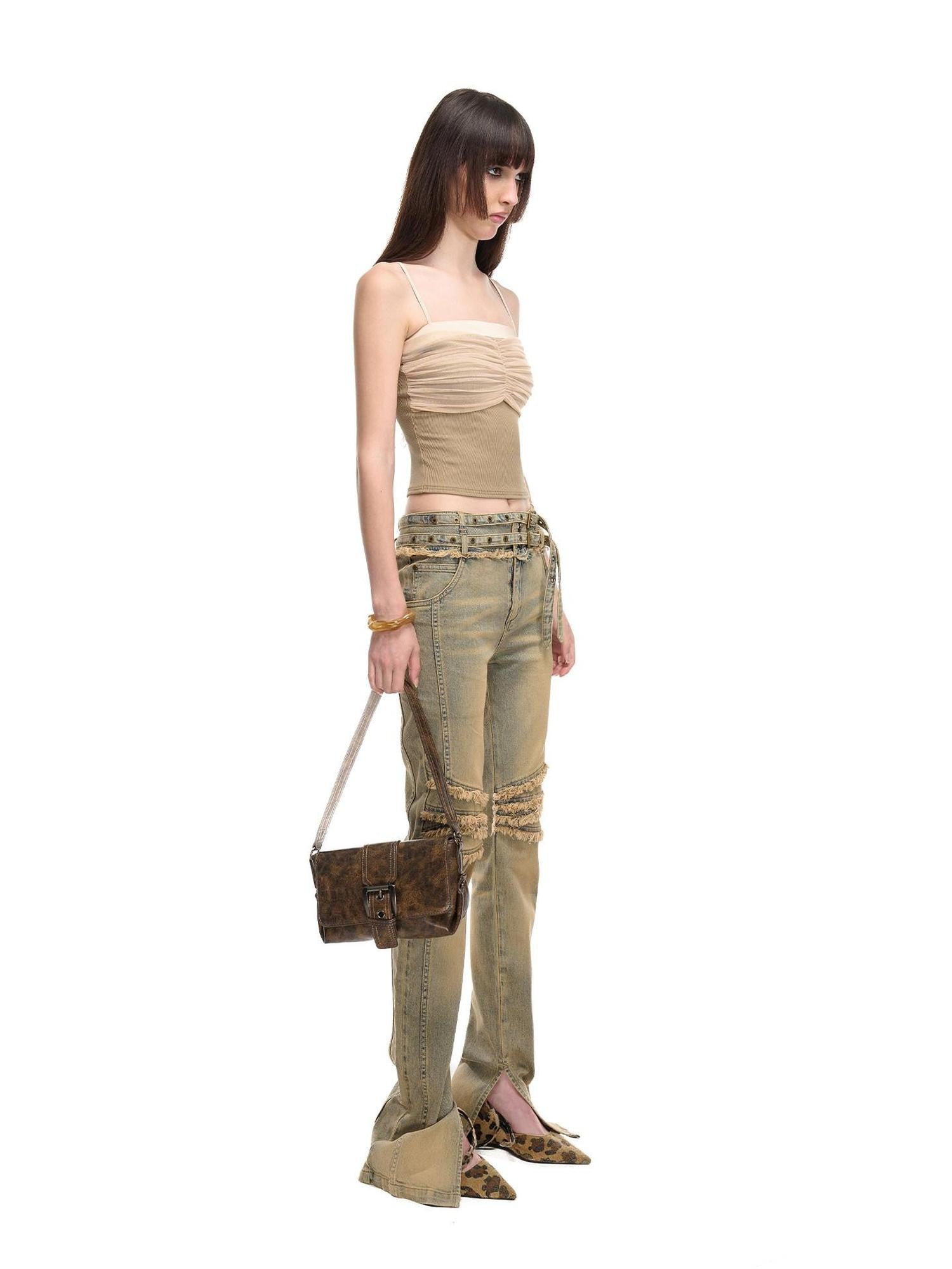 NORTH NODE Cropped Pleated Mesh Panel Knit Women&