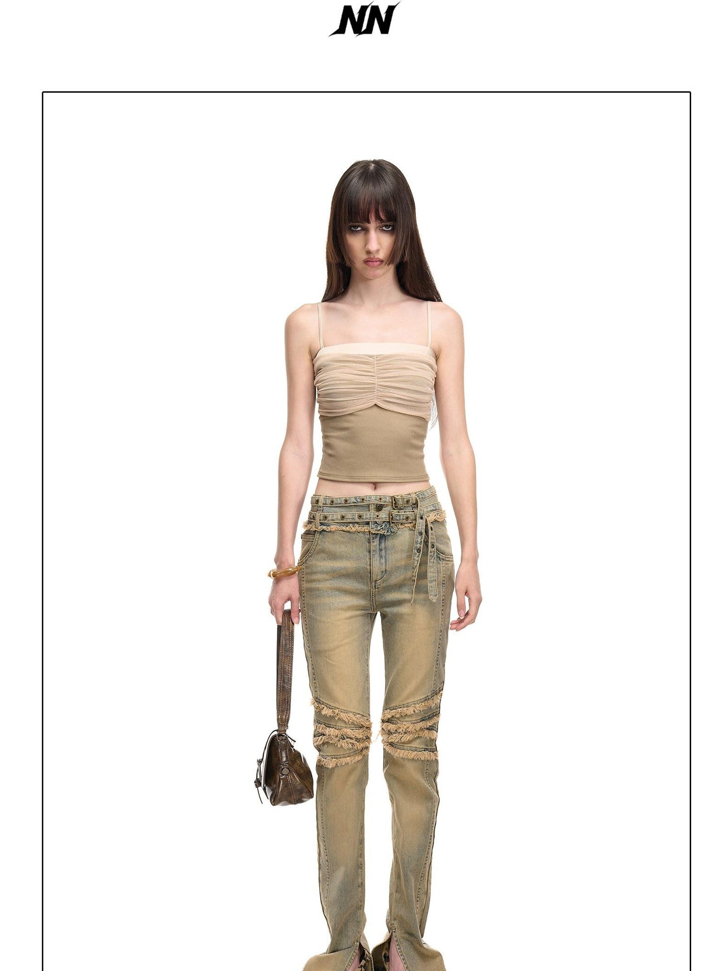 NORTH NODE Cropped Pleated Mesh Panel Knit Women&