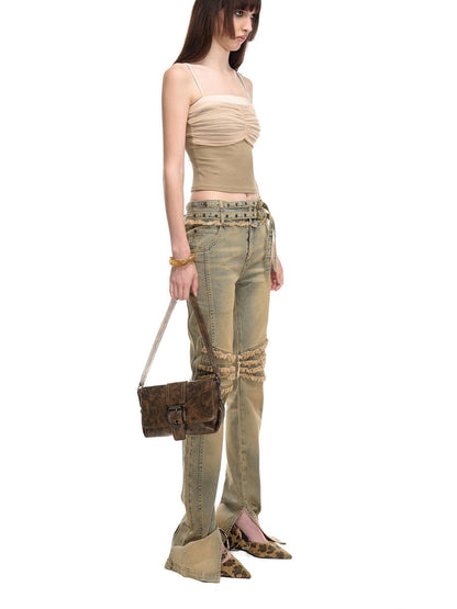 NORTH NODE Cropped Pleated Mesh Panel Knit Women&