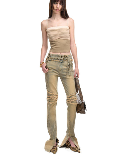 NORTH NODE Cropped Pleated Mesh Panel Knit Women&