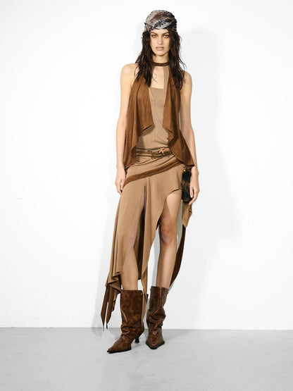 NORTH NODE Cropped Spliced Faux Two Piece Deep V Women&