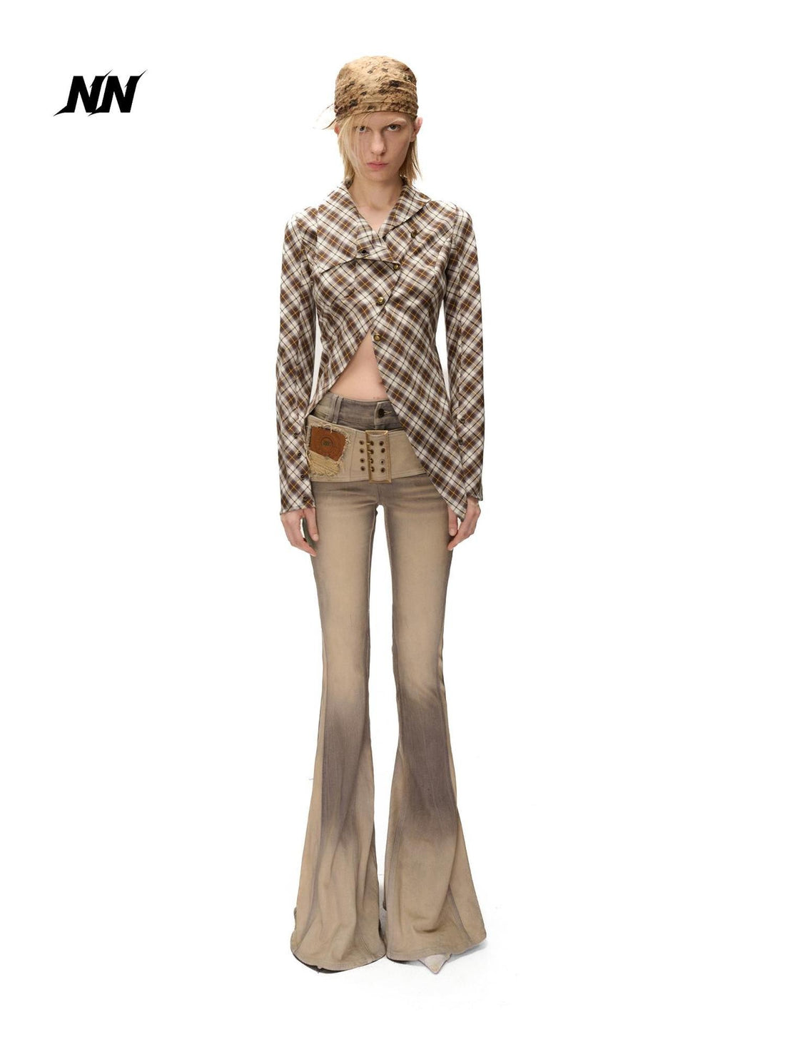 NORTH NODE Deconstructed Asymmetric Checkered Slim Fit Cotton Women&