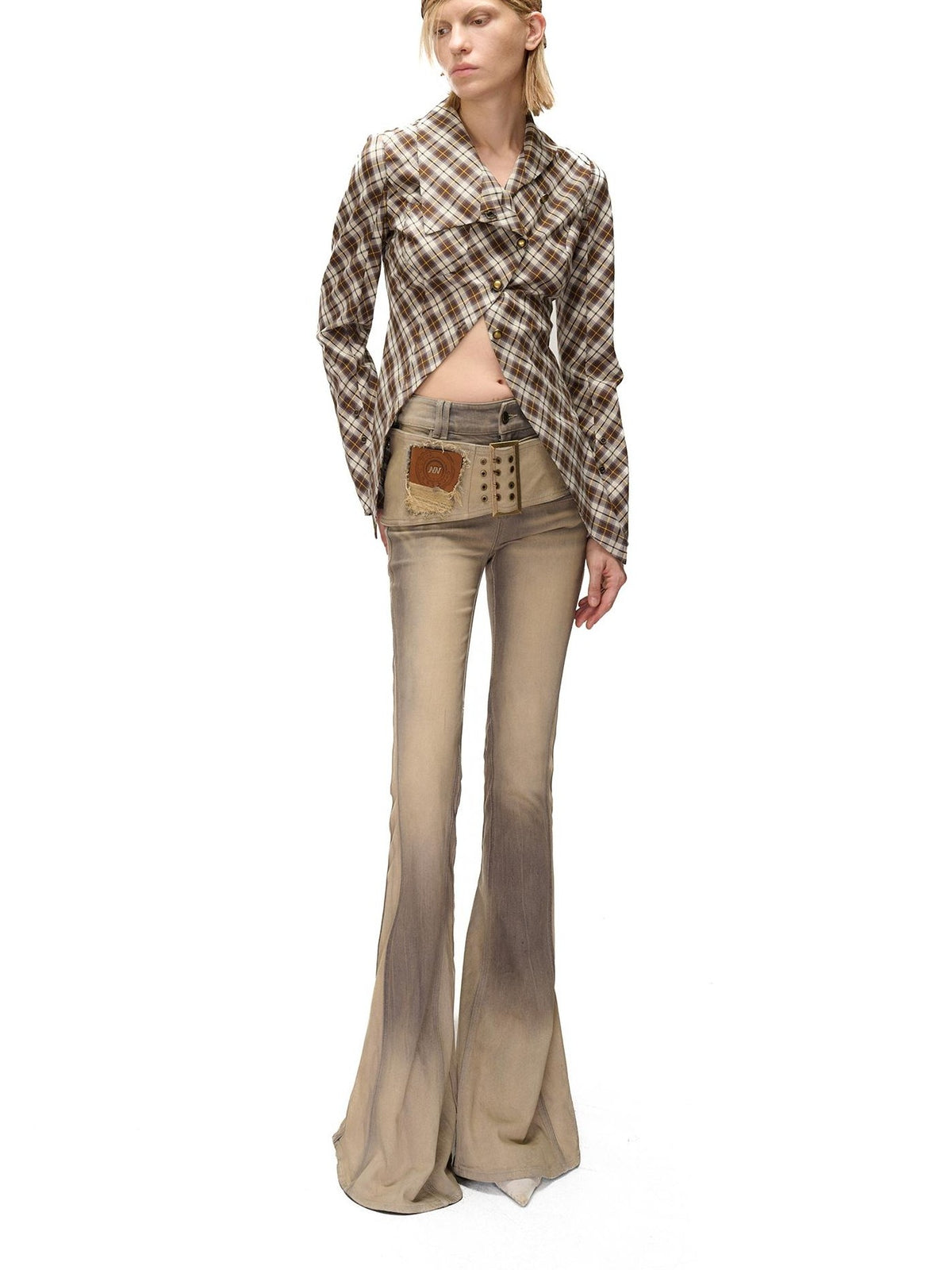 NORTH NODE Deconstructed Asymmetric Checkered Slim Fit Cotton Women&