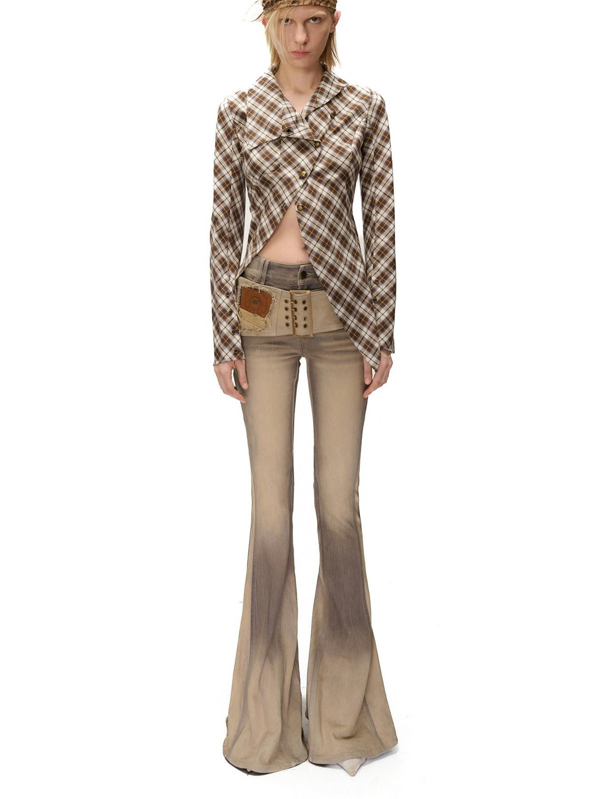 NORTH NODE Deconstructed Asymmetric Checkered Slim Fit Cotton Women&