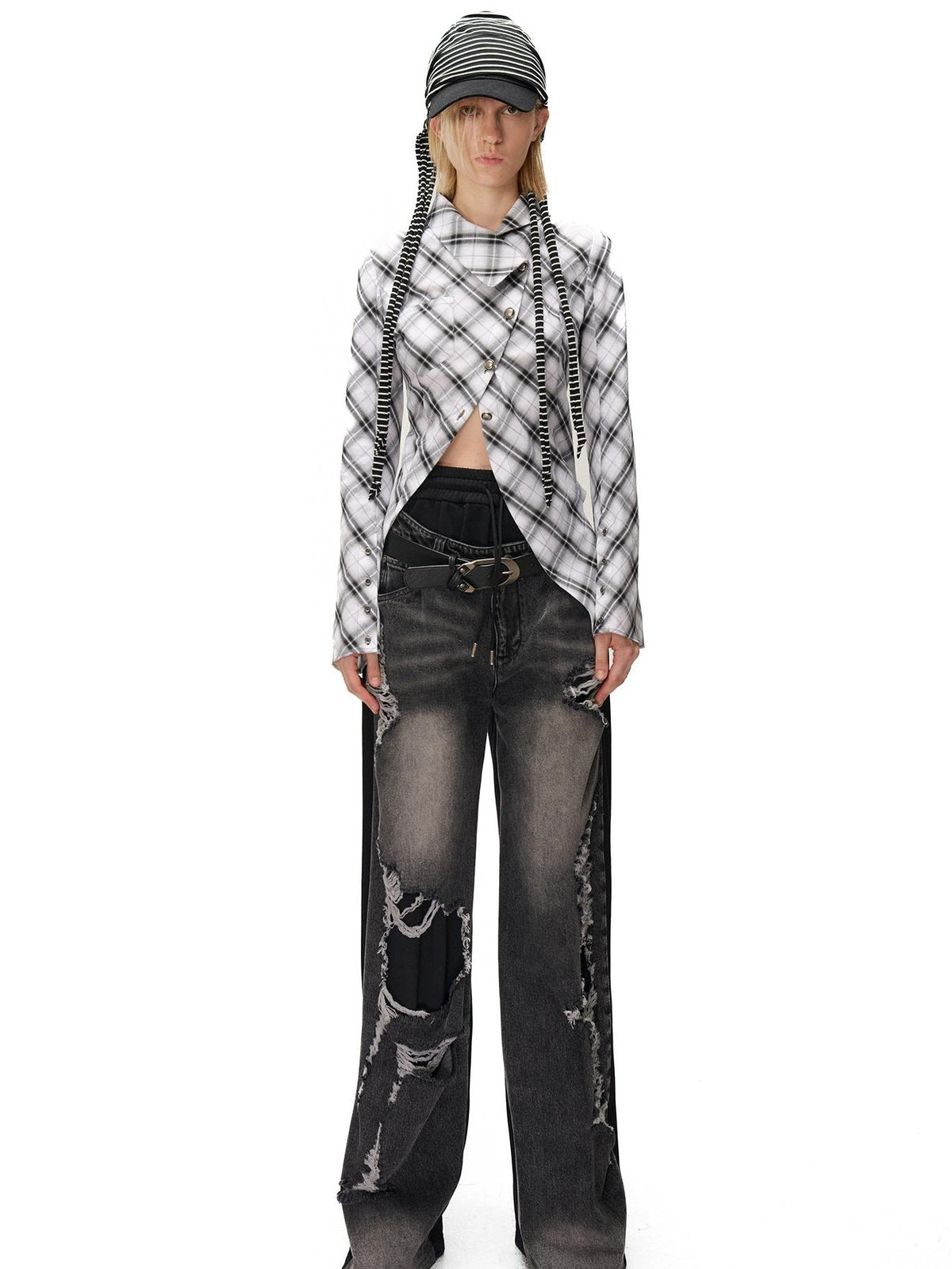 NORTH NODE Deconstructed Asymmetric Checkered Slim Fit Cotton Women&