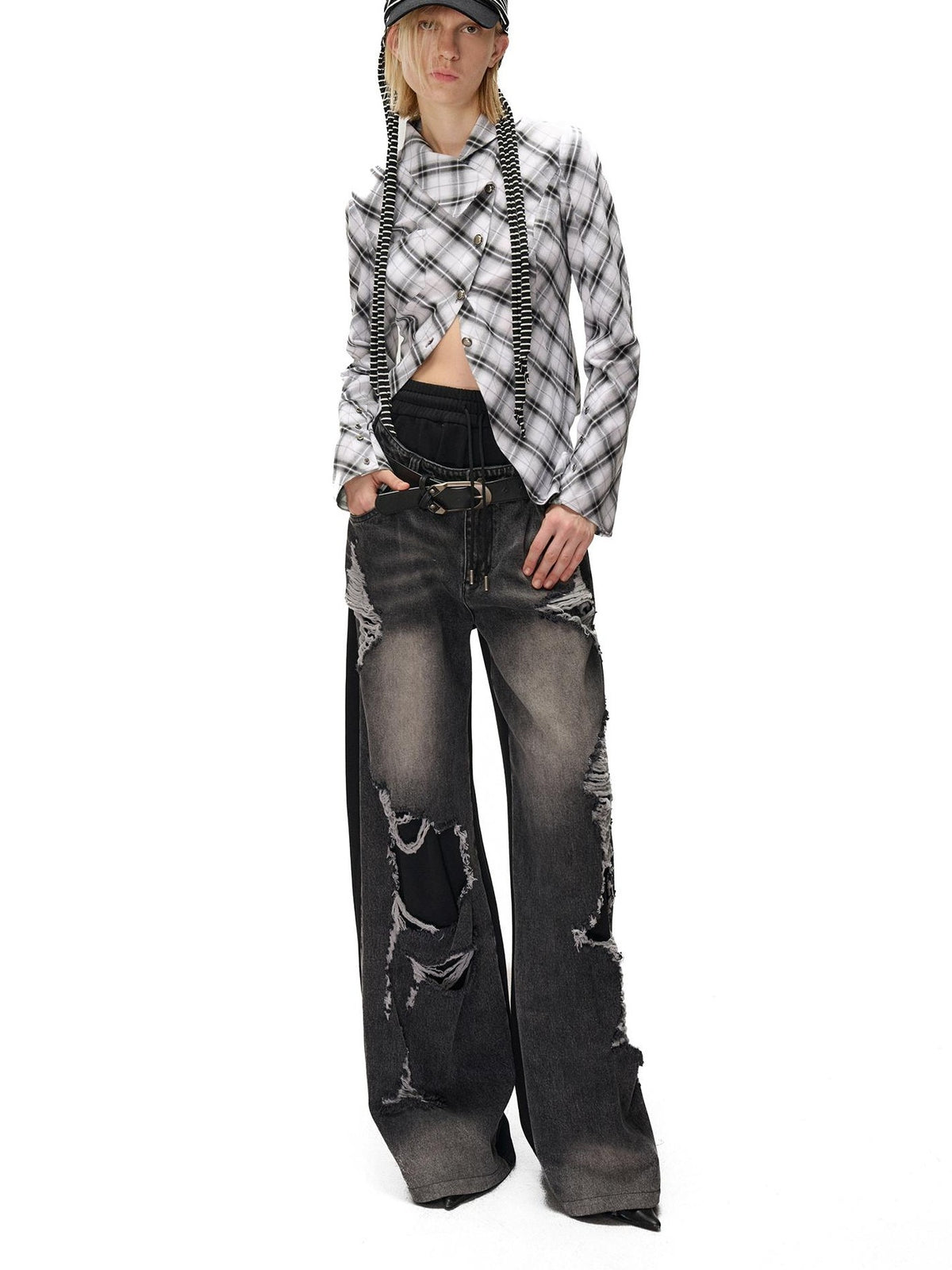 NORTH NODE Deconstructed Asymmetric Checkered Slim Fit Cotton Women&