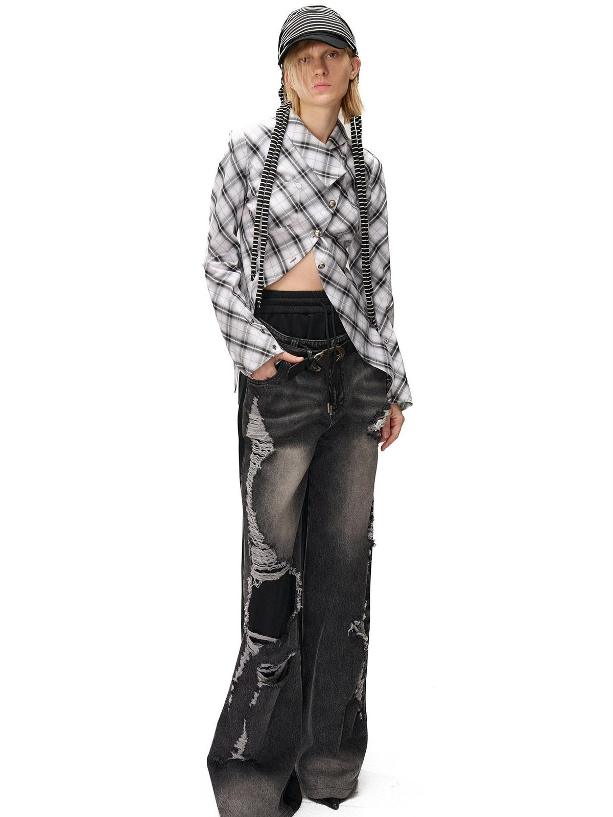 NORTH NODE Deconstructed Asymmetric Checkered Slim Fit Cotton Women&
