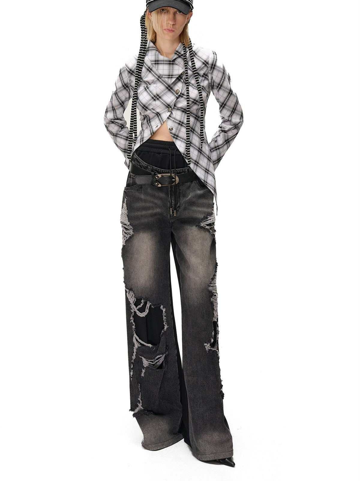 NORTH NODE Deconstructed Asymmetric Checkered Slim Fit Cotton Women&