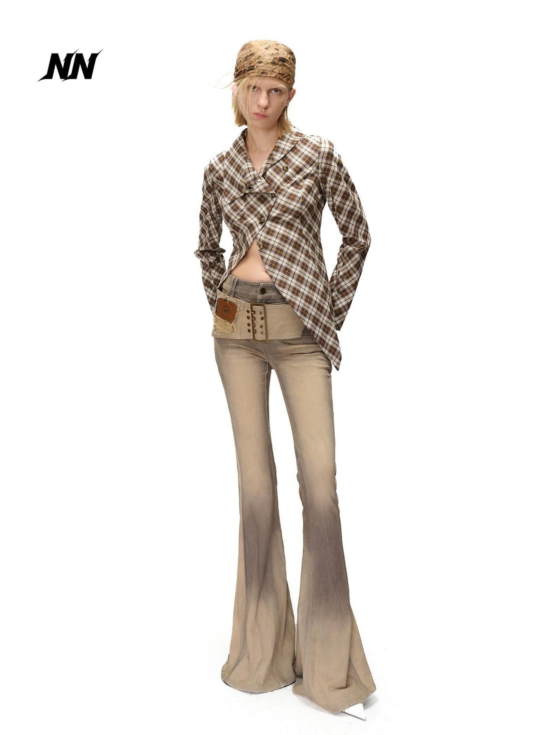 NORTH NODE Deconstructed Asymmetric Checkered Slim Fit Cotton Women&