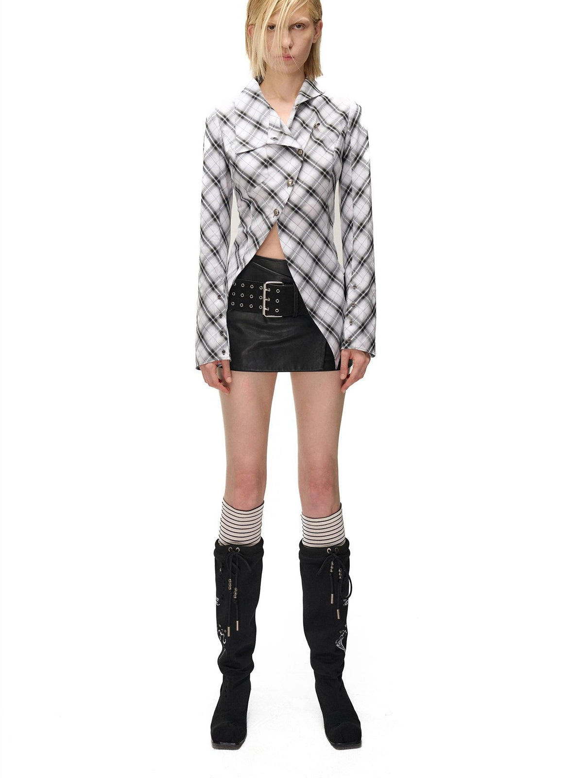 NORTH NODE Deconstructed Asymmetric Checkered Slim Fit Cotton Women&
