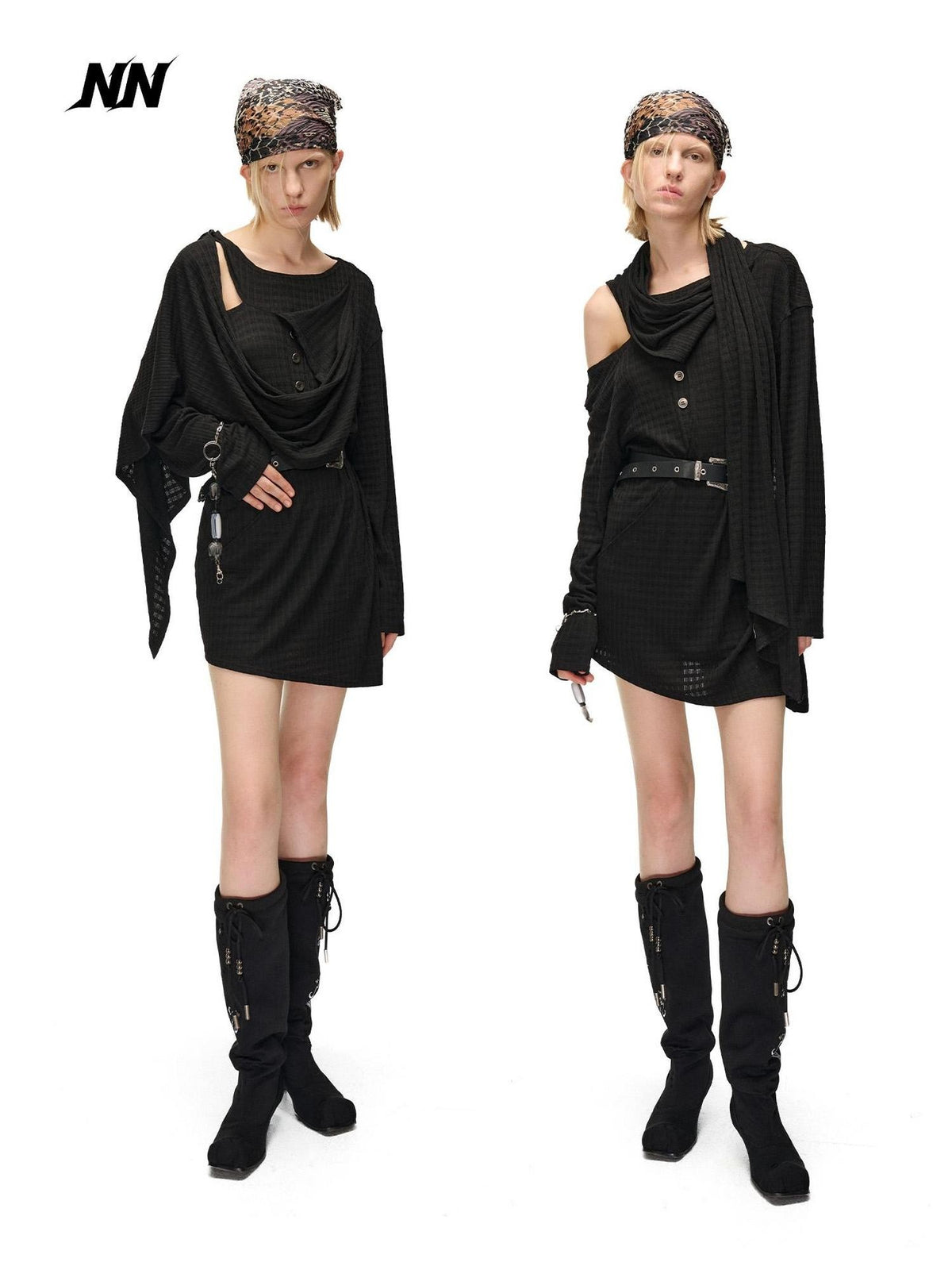 NORTH NODE Deconstructed Waffle Texture Asymmetric Long Sleeve Women&